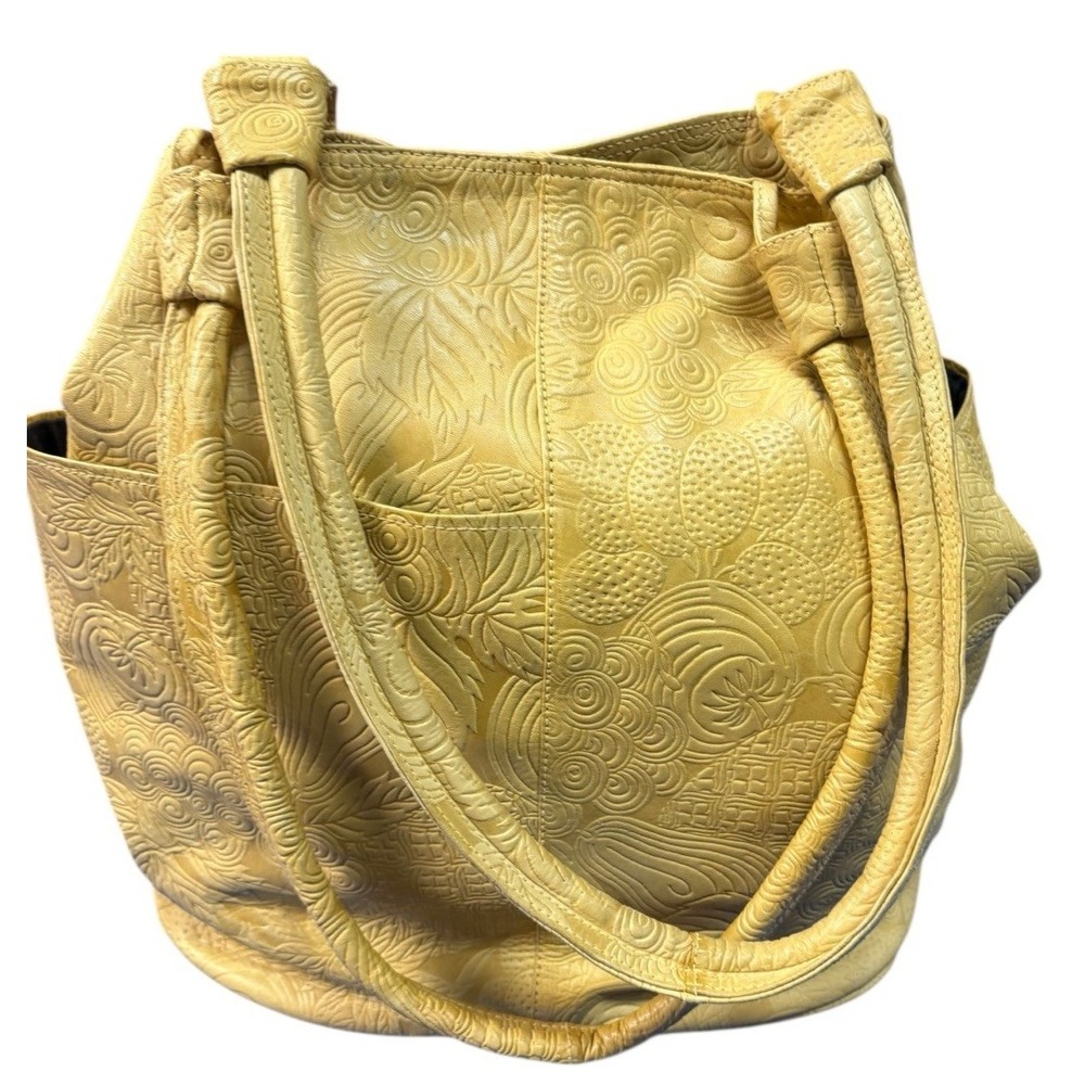Vintage Baganda Genuine Leather Yellow Gold Embossed Floral Tote Shoulder Bag